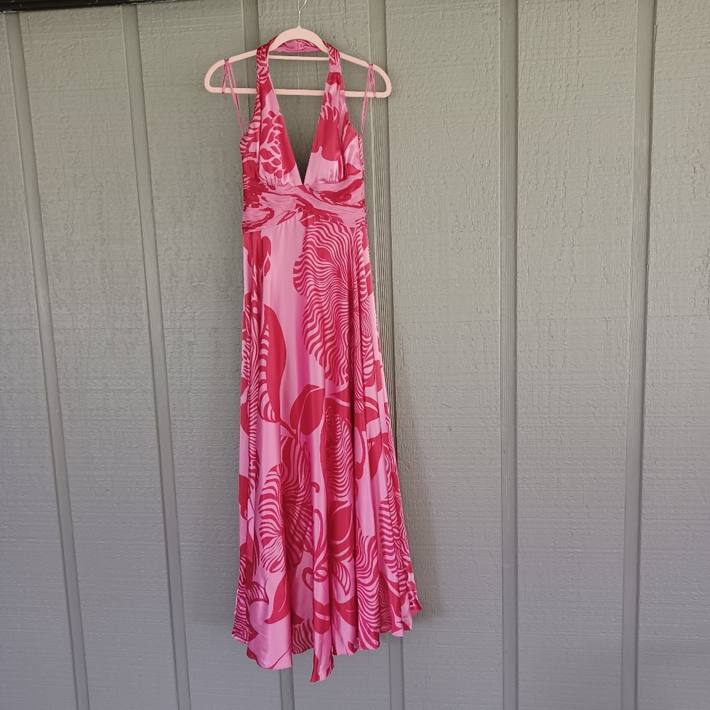 Marc Bouwer Glamit Silk Floral Maxi Dress Size 4 Y2K Wedding Guest Halter Neck